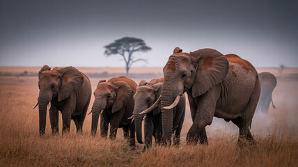Fototapeta premium A herd of elephants walking through tall golden grass on a cloudy day in the African savanna