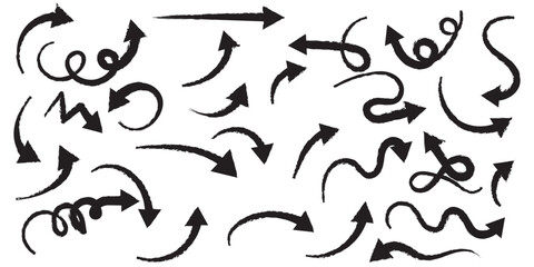 Set of simple lines hand drawn black arrows in various style. Set of simple of hand drawn black arrows. Set of simple lines hand drawn black arrows. Various of simple lines arrows collection