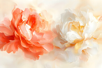 Abstract floral painting of peach and cream peonies, impasto style, soft focus, romantic, delicate.