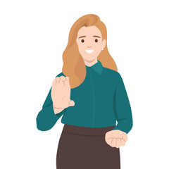 Woman is demonstrating a hand gesture in sign language, Conveying a word or letter with a smile. Flat vector illustration isolated on white background