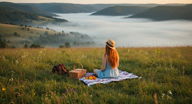 Woman Enjoying View During Picnic on Meadow