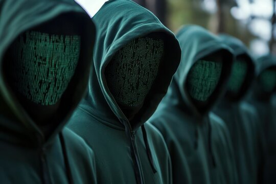 Faceless figure in hoodie with digital code - Powered by Adobe