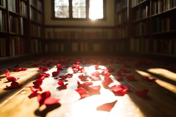 Floating rose petals in sunlit serene library
