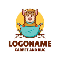 Pig is wearing a pilot's hat and flying through the air. The logo is for a carpet and rug company