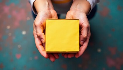 Small square box, child's hands, overhead view, hands, toy, overhead shot