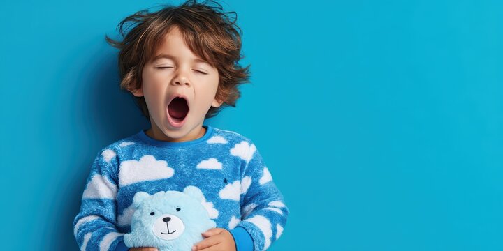 Cute Boy Yawning in Blue Pajamas With Clouds is a premium-quality stock image ideal for use in lifestyle blogs, health content, promotional campaigns, and editorial publications.