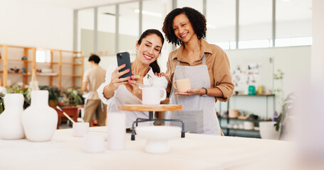 Pottery class, selfie and women in ceramic workshop with online post, achievement and clay product....