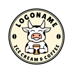 Cow is holding a cup of coffee and ice cream. ice cream shop logo template