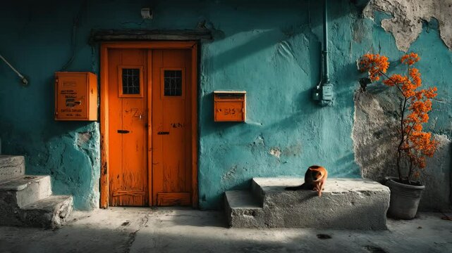 AI Generated cat sitting near the orange door of old blue Greek house, with orange flowers