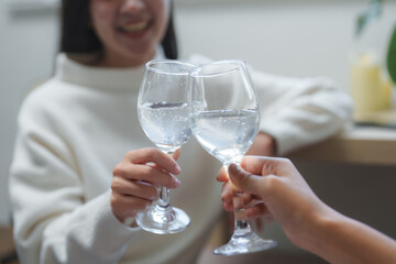 Friends toasting with sparkling water glasses celebrating at home