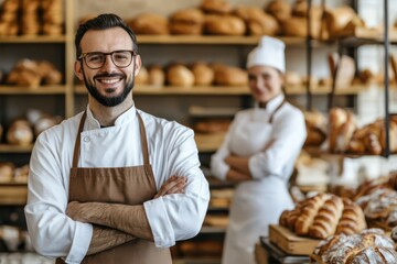 Fototapeta premium Male baker with glasses smiles in bread bakery