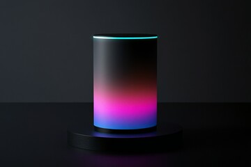 A sleek, minimalist cylinder with a glowing band of alternating neon colors around its center,  created by ai