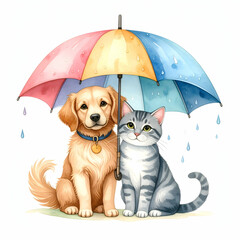 Shelter from the Rain: A heartwarming watercolor illustration captures a golden retriever and a tabby cat seeking shelter under a colorful umbrella on a rainy day.
