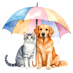 Together Under the Umbrella: A charming illustration showcasing a dog and cat sheltered beneath a vibrant, multicolored umbrella, symbolizing friendship and shared comfort.