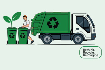 Recycling Collection Vector Illustration Garbage Truck and Worker © MdMezbahul