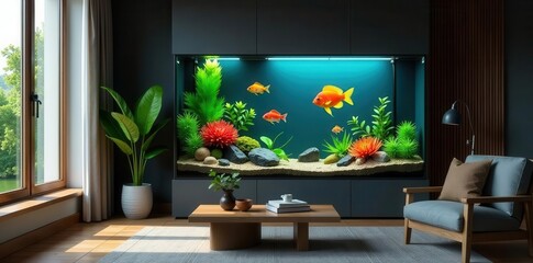 Sleek rectangular aquarium, vibrant fish, cozy bedroom, wooden table , table, texture, glass