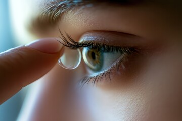 Close-up of woman inserting contact lens in eye