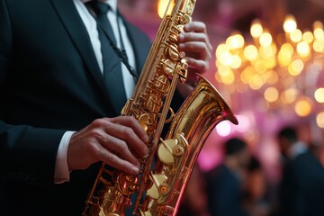 Obraz premium Saxophonist performing at a lively event with soft lights creating a colorful atmosphere
