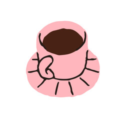 Coffee cup on saucer. Morning beverage, served americano. Breakfast drink. Coffe break, tea time. Teacup, drinkware icon. Flat graphic vector illustration isolated on white background