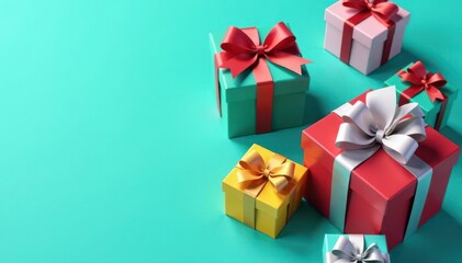 Fototapeta premium Bright turquoise background, colorful gift card present boxes with satin bows, holiday sale concept , anniversary, bright