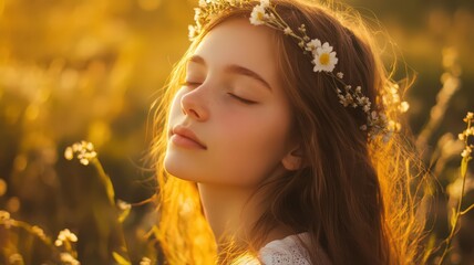 Fototapeta premium Beautiful Woman with Delicate Flowers in Hair Enjoying a Serene Sunset Moment in Nature