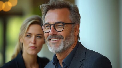 Smiling older man with gray beard and glasses stands beside a blonde woman, both dressed formally