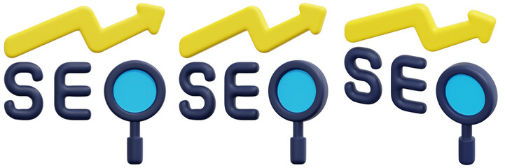 Set of SEO Illustration with Upward Trending Arrows and Magnifying Glasses 3d Render Icon Illustration