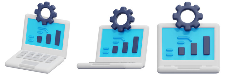 Set of White Laptops Displaying Blue Data Graphs with Gears 3d Render Icon Illustration