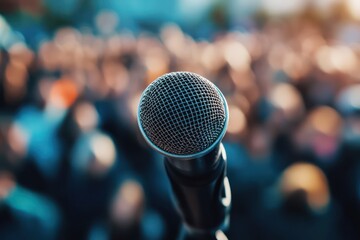 Microphone with Blurry Audience Background at Event