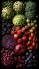Assortment of colorful fresh vegetables and fruits arranged in a vertical composition.