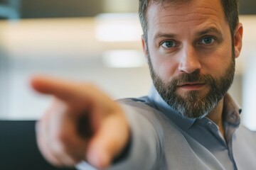 A man with a beard pointing his finger directly at the viewer in a blurred background setting indoors