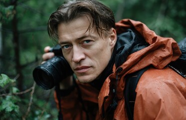 Wildlife photographer taking photos in rainforest, holding professional camera