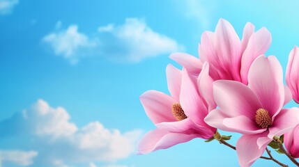 Pink blossoms against a bright blue sky with fluffy white clouds. Close up view showcasing delicate petals and vibrant colors.