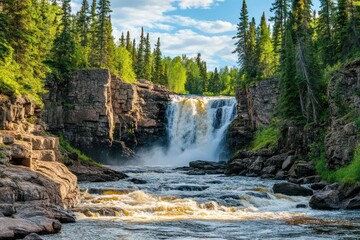Forest waterfall with clear water and lush greenery