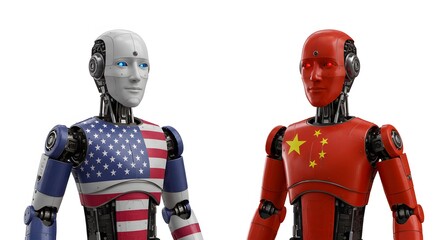 Fototapeta premium USA vs China AI Robots - Technology Rivalry, Isolated