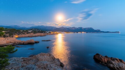 Moonlit coastal scene at dawn