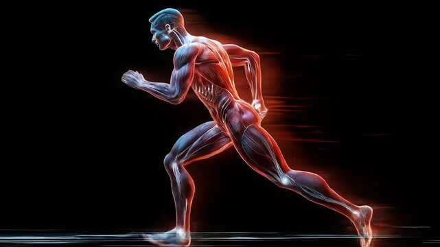 Glowing Red And Blue Human Form Running In Dark Background