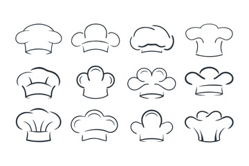 Line Art Set of Chef Hat Icons. Minimalist Hand Drawn Kitchen and Culinary Symbols for Restaurant, Bakery, or Cooking Logo Design Vector Illustration