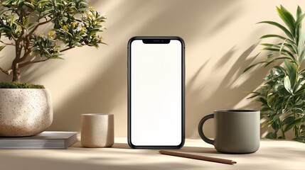 Smartphone with blank screen stands on desk with plants and coffee cup.