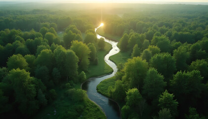 aerial view of a lush green forest with a river winding through, sunlight filtering through the trees