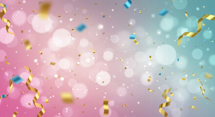 Fototapeta premium Confetti and Ribbons Fall on Blurred Background for Celebration, Festive Design