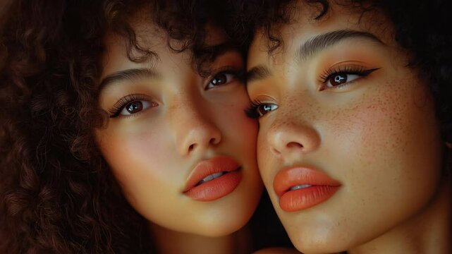 Close-up of two women with curly hair, freckles, and bold lips gently touching faces