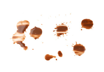 Spilled chocolate milk isolated, hot chocolate puddle, liquid stain, coffee splatter, brown latte