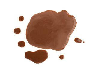 Spilled chocolate milk isolated, hot chocolate puddle, liquid stain, coffee splatter, brown latte