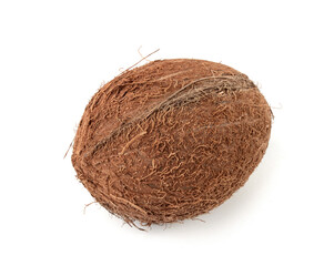 Whole coconut, one coco nut isolated, single fresh tropical palm fruit, natural milk, oil ingredient