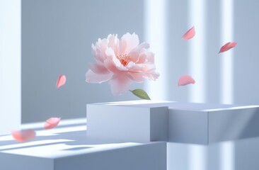 A light pink peony floats above minimalist white cubes, petals scattered around, bathed in soft sunlight
