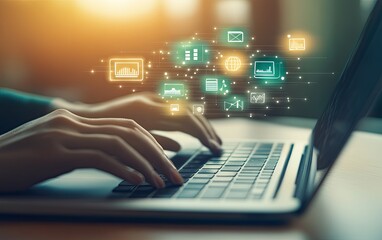 Close-up of hands typing on a laptop, with various digital icons hovering above the keyboard, suggesting workflow, data analysis, and communication