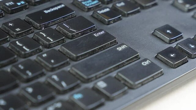 Close-up of a black keyboard featuring the Enter, Shift, and Ctrl keys with a human finger interacting. Represents computing actions, control, and workflow efficiency.