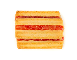 Shortbread sticks with a jam strip isolated, biscuit cookies with fruit marmalade or jelly on white