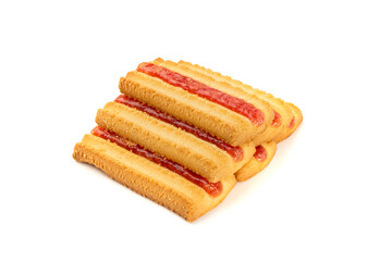 Shortbread sticks with a jam strip isolated, biscuit cookies with fruit marmalade or jelly on white